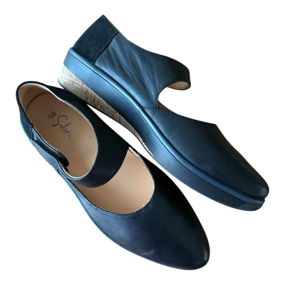 Soleni Marie Orthotic Mary Jane Style Womens Size 8.5 Black Leather Wedge Flats - Picture 4 of 14